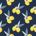 Vector seamless pattern with lemon branches, leaves and flowers on a dark blue background
